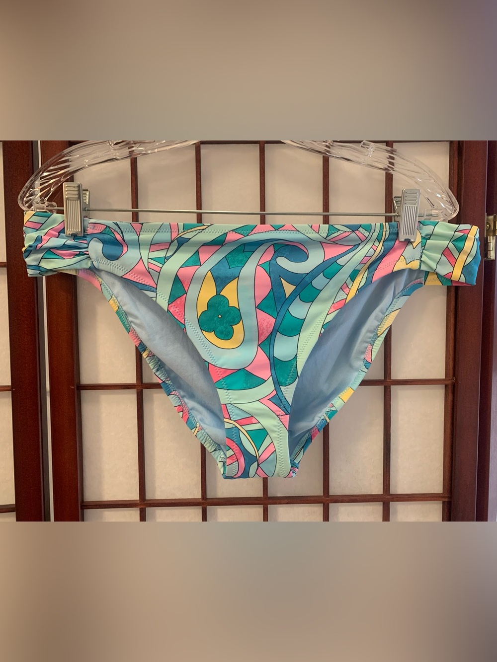 NWT Jessica Simpson Powder Blue Pastel Multi-Color Ruched Bikini Bottoms Size L